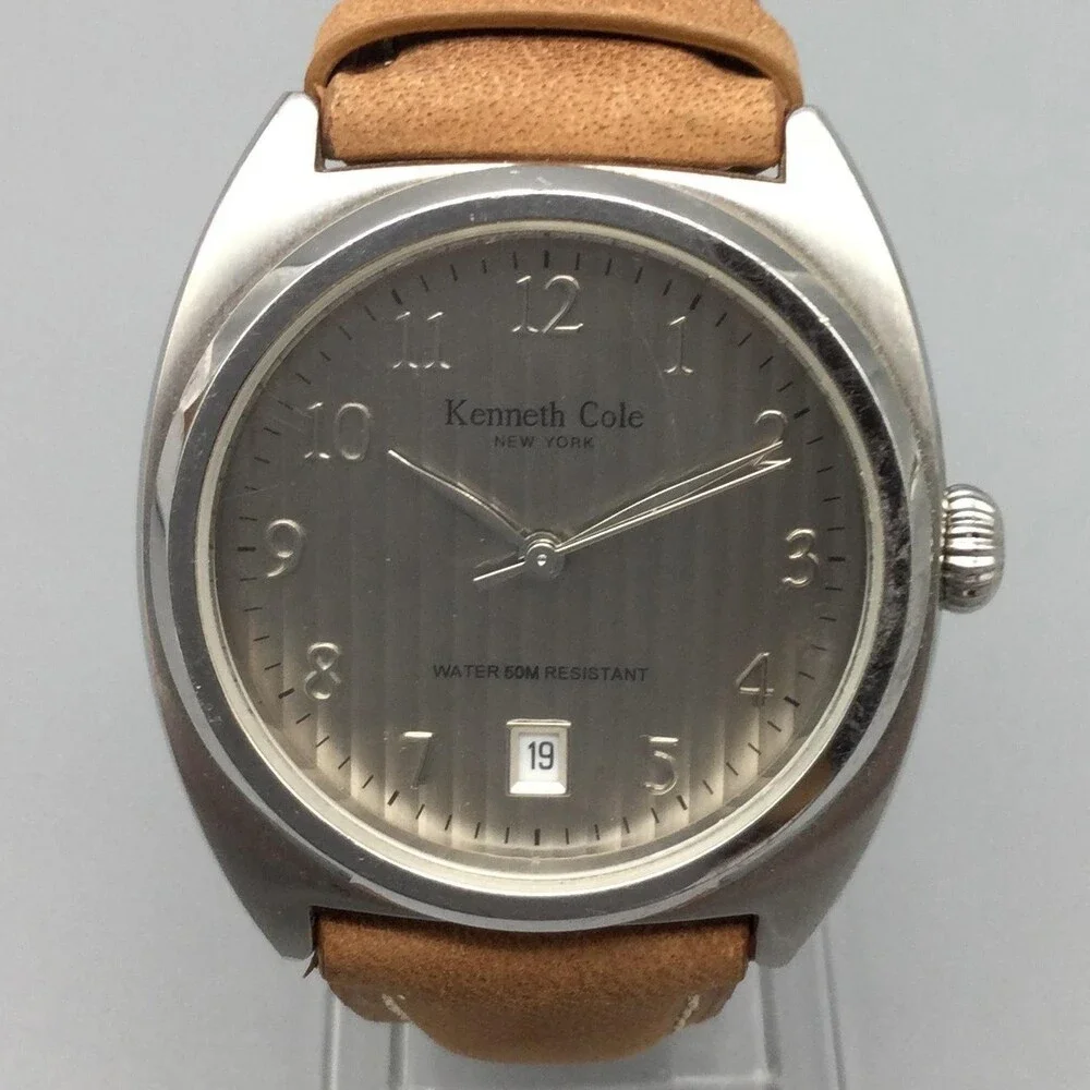 Kenneth Cole Womens Watch 34mm Silver Dial Tan Leather KC1041 New Battery